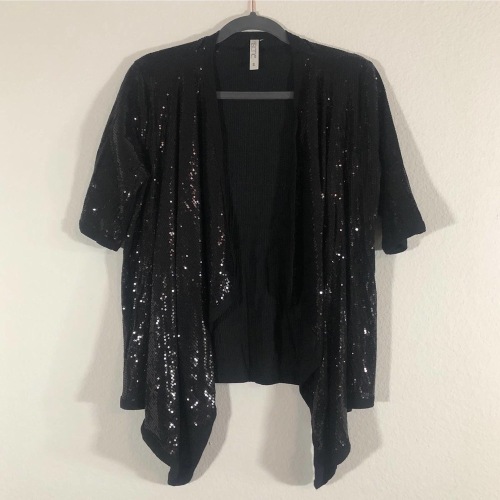 Kische Black Sequin Open Waterfall Cascade Front Cardigan Small - Picture 2 of 10